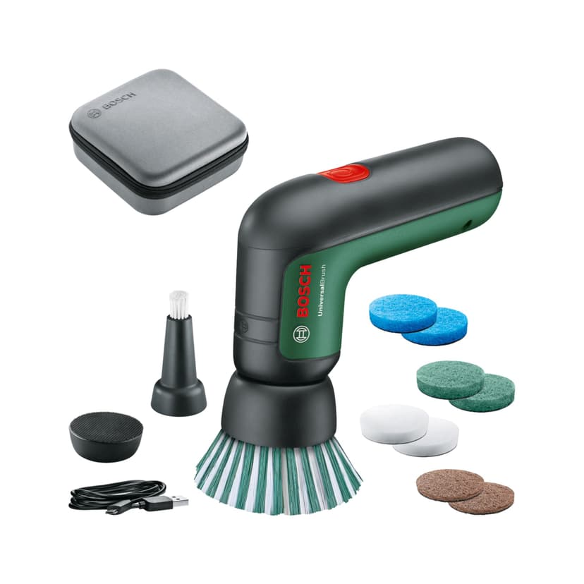 Bosch Electric Cleaning Brush Set UniversalBrush (for Bathroom Tiles, Kitchen Stove, Pans, Pots and More; 10 Cleaning Attachments Included; 3.6V Integrated Battery; Micro-USB Cable; in Soft Bag) - 1