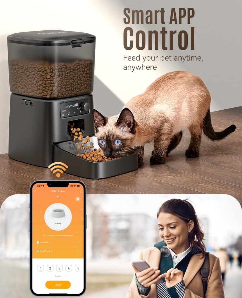 oneisall Automatic Cat Feeder, 2.4G WiFi Cat Food Dispenser with App Control, 3.5L Cat Feeder with Timer,1-12 Meals a Day with Stainless Steel Bowl - 2