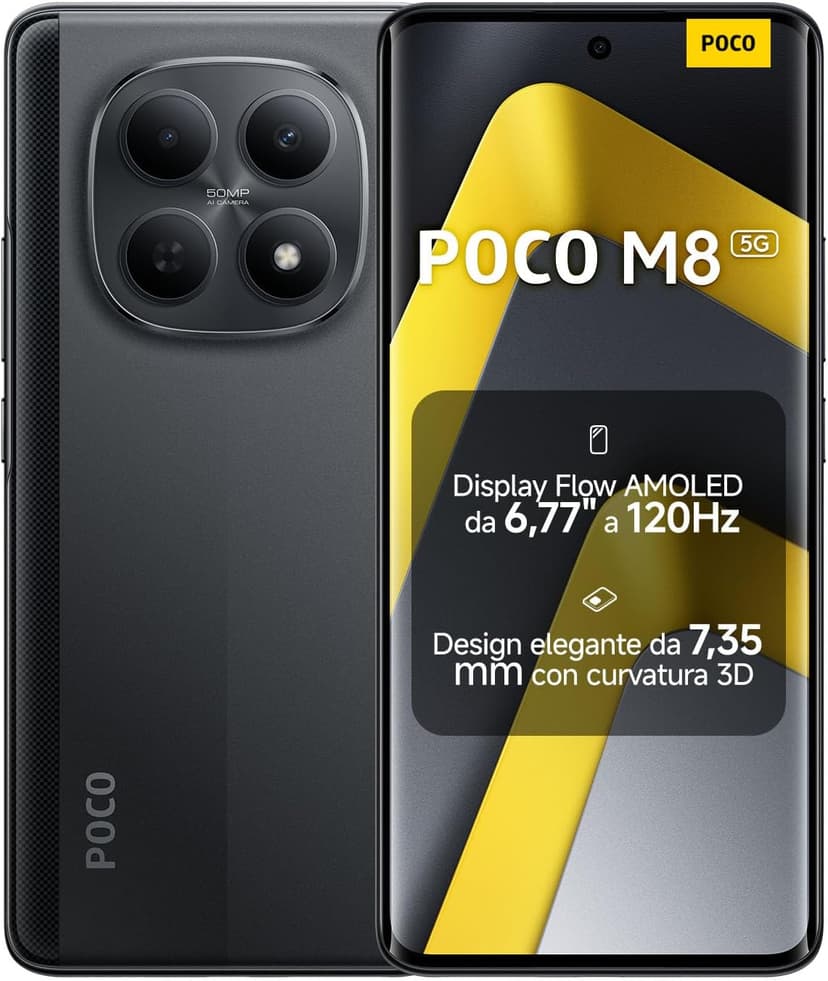XIAOMI POCO M8, Smartphone 8+512 GB, 6.77" 120Hz FIoW AMOLED Display, Snapdragon® 6 Gen 3, 50MP AI Dual Camera System, 7.35mm Sleek 3D-Curved Design, Black, Warranty 2 years, Charger Not Included - 1