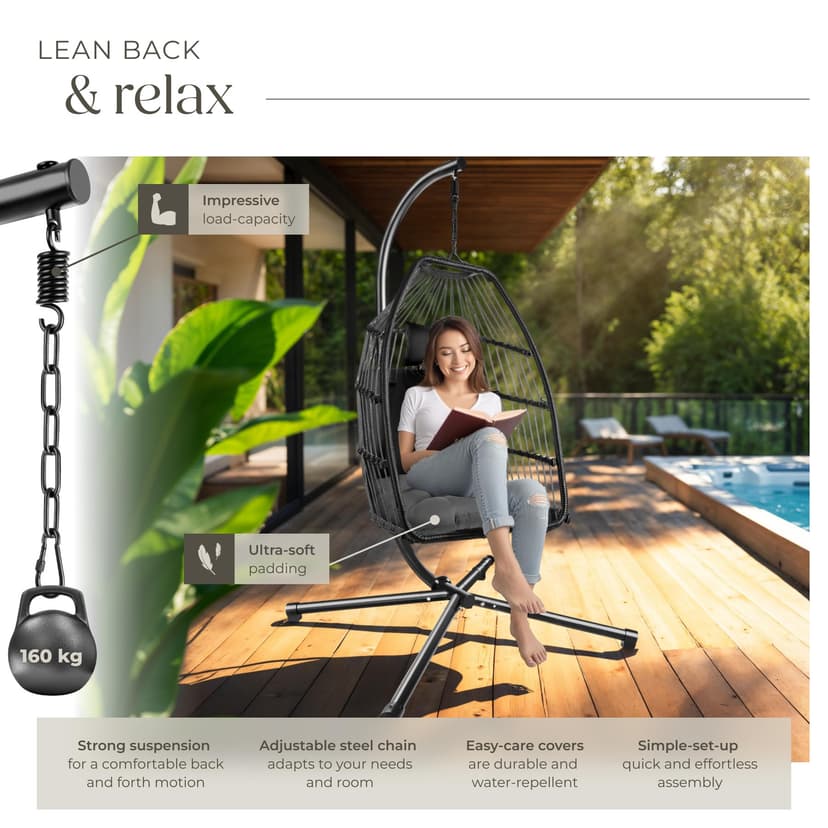 tectake® Luxurious Egg Chair with Stand, Thick Cushions, Polyrattan Weave, Rotatable & Height-Adjustable, Steel Frame, Incl. Protective Cover - Ideal Hammock Chair for Garden, Patio & Balcony - Grey - 4