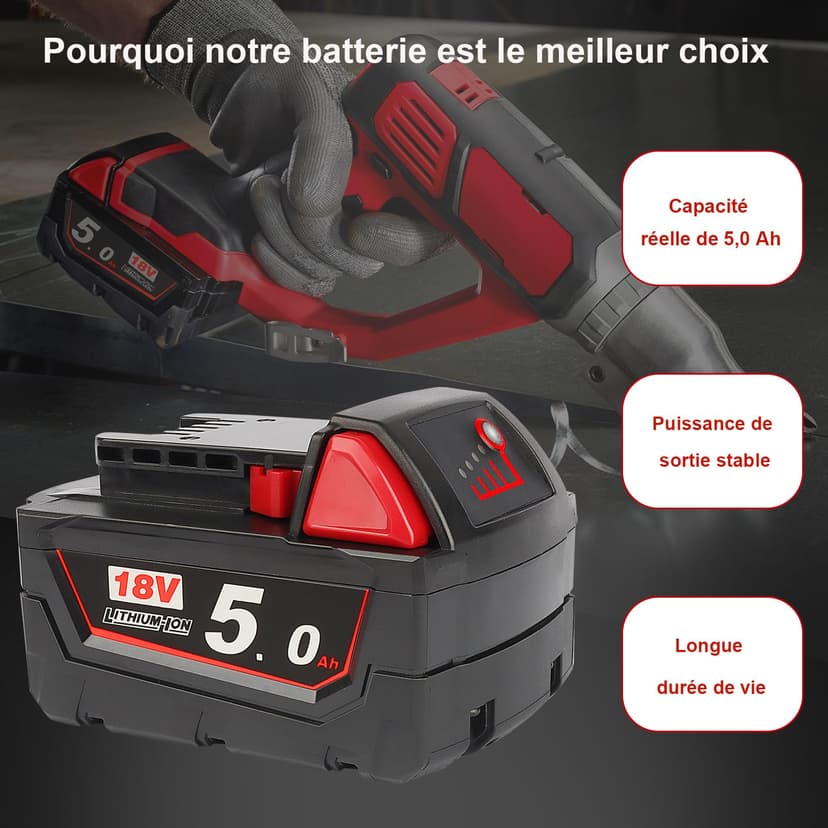 Waitley M18B5 18V 5.0Ah Compatible with Milwaukee M18 48-11-1850 48-11-1852 48-11-1820 48-11-1828 48-11-1830 Cordless Power Tools - 5