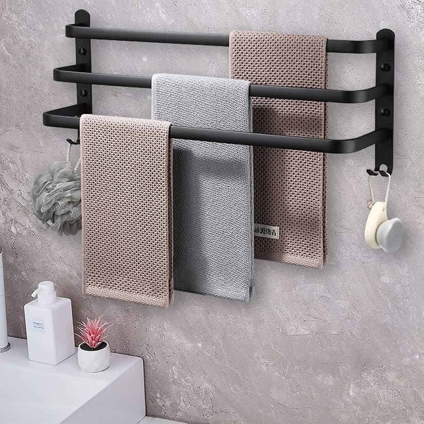 HONPHIER Towel Rails Wall Mounted 3 Tier Towel Rack With Hooks Space Aluminum Towel Rack Bathroom Towel Holder No Fading Towel Shelves For Kitchen Bathroom Toilet Hotel Office (Black, 50CM) - 7