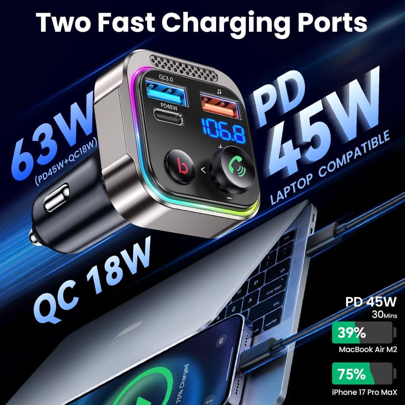 GizmoVine Bluetooth 5.4 FM Transmitter Car Adapter 63W (PD 45W & 18W) [Light Switch] [HiFi Bass Sound] [Fast Charging] Wireless Radio Music Adapter LED Display Zinc Alloy Hands-Free Calling Support - 3