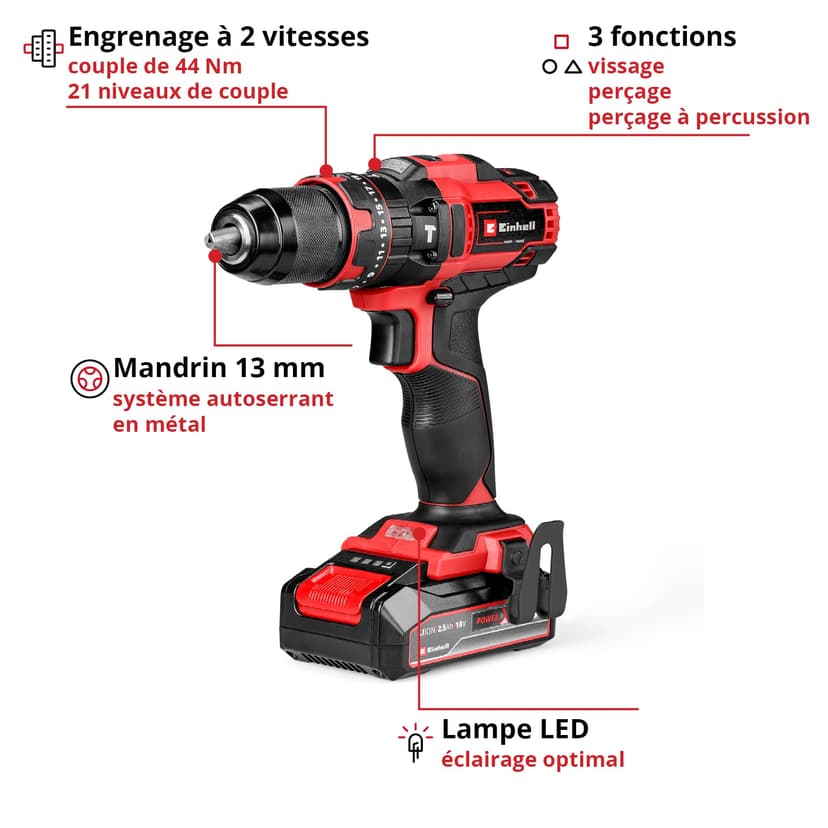Einhell Perceuse-visseuse à percussion sans fil TE-CD 18/44 Li-i (1 x 2,5 Ah) Power X-Change (18 V, 44 Nm, perçage à percussion, mandrin métallique 13 mm, 2 vitesses, avec batterie 2,5 Ah et chargeur) - 3