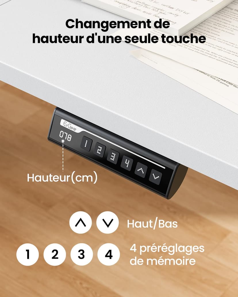 ErGear Bureau Assis Debout Electrique, Bureau Réglable en Hauteur Electrique 140 x 70 cm, Bureau Informatique avec Panneau Intelligent à 4 Mémoires, Bureau Blanc avec Plateau en Panneaux Assemblés - 4
