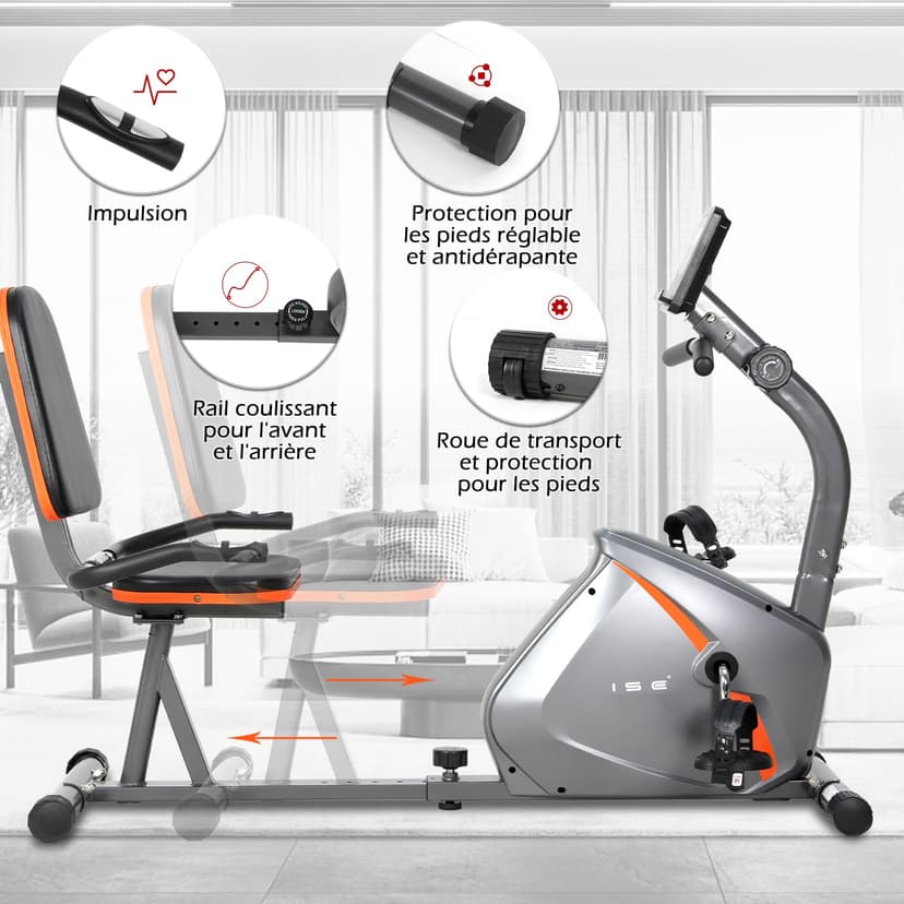 ISE Horizontal Exercise Bike with Adjustable Saddle, Recumbent Exercise Bike Ideal for Recovery Training, Pulse Sensors, Quiet, Grey - 9