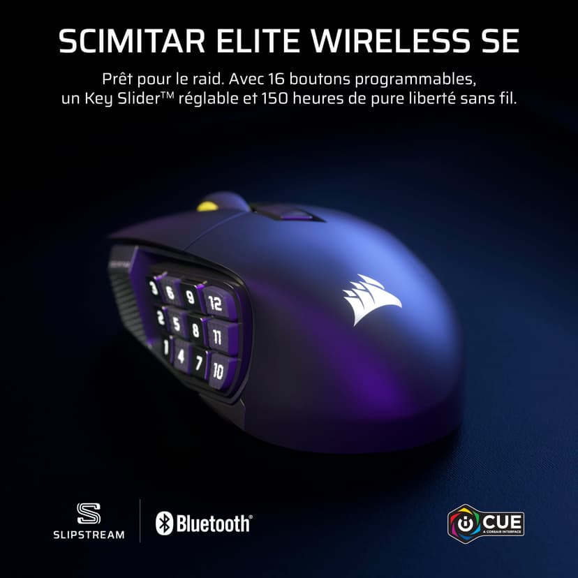 Corsair Scimitar Elite Wireless SE MMO Souris de Jeu – 33 000 DPI, 16 Boutons Programmables, Adjustable Key Slider™, Elgato Virtual Stream Deck, 1K Hyper-Polling, Jusqu'à 150h de Batterie – Gunmetal - 2