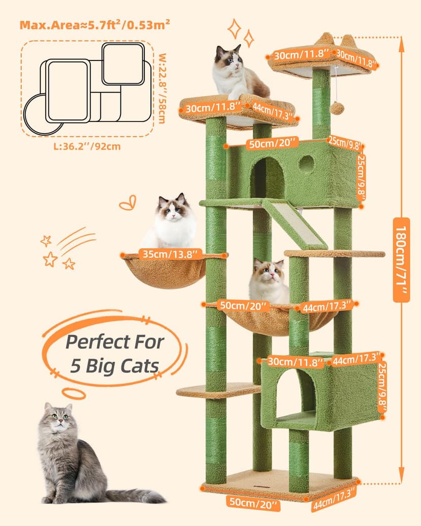 Taoqimiao Cat Tree, 180cm Cat Tower for Indoor Cats Large Cats, Multi-level Cat Climbing Tower, 8 Sisal Scratching Posts, Metal Frame Cozy Hammock, Scratch Board, 2 Top Perches, Green MSC026L - 7