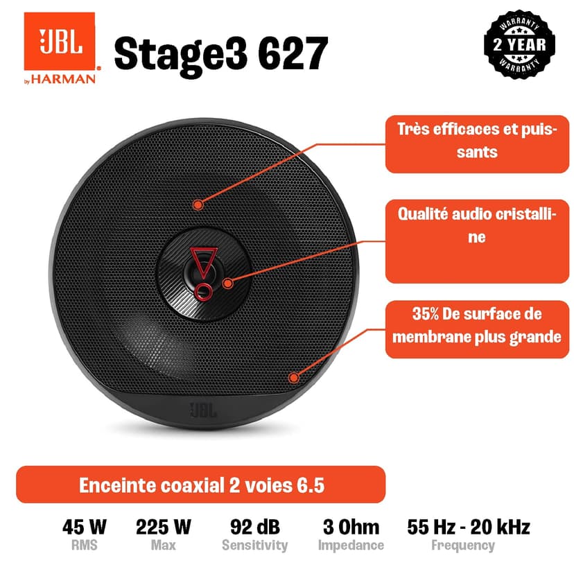 JBL Stage3 627 Ensemble enceinte voiture à 2 voies de Harman Kardon - 225 Watt JBL Haut Parleur Voiture 16 - 17 cm - 2