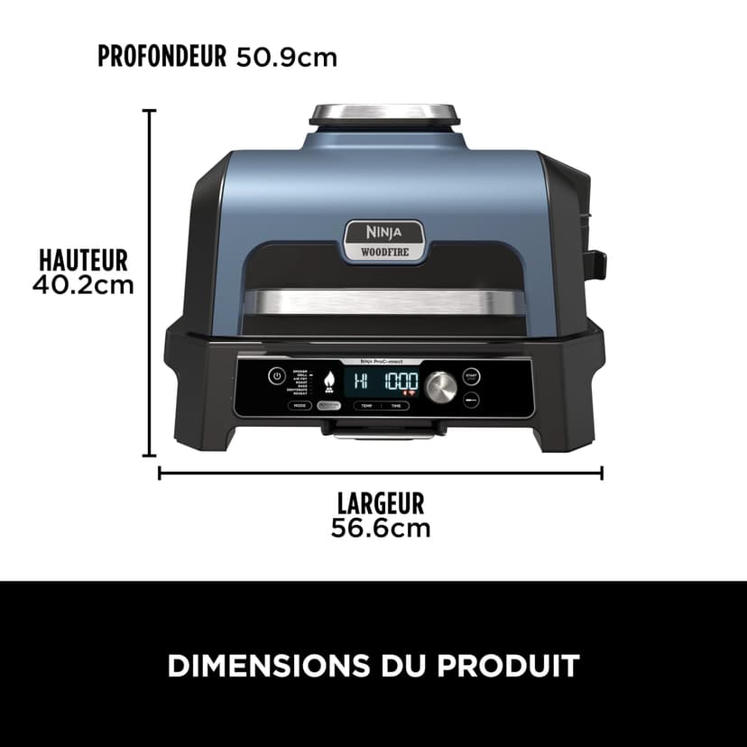 Ninja Woodfire Pro Connect XL Barbecue Électrique & Fumoir avec Contrôle d'Application, 2 Sondes, Grille, Housse, Revêtements & Brosse, Grill & Friteuse sans huile 7-en-1, Bleu & Noir OG901EUAMZ - 2