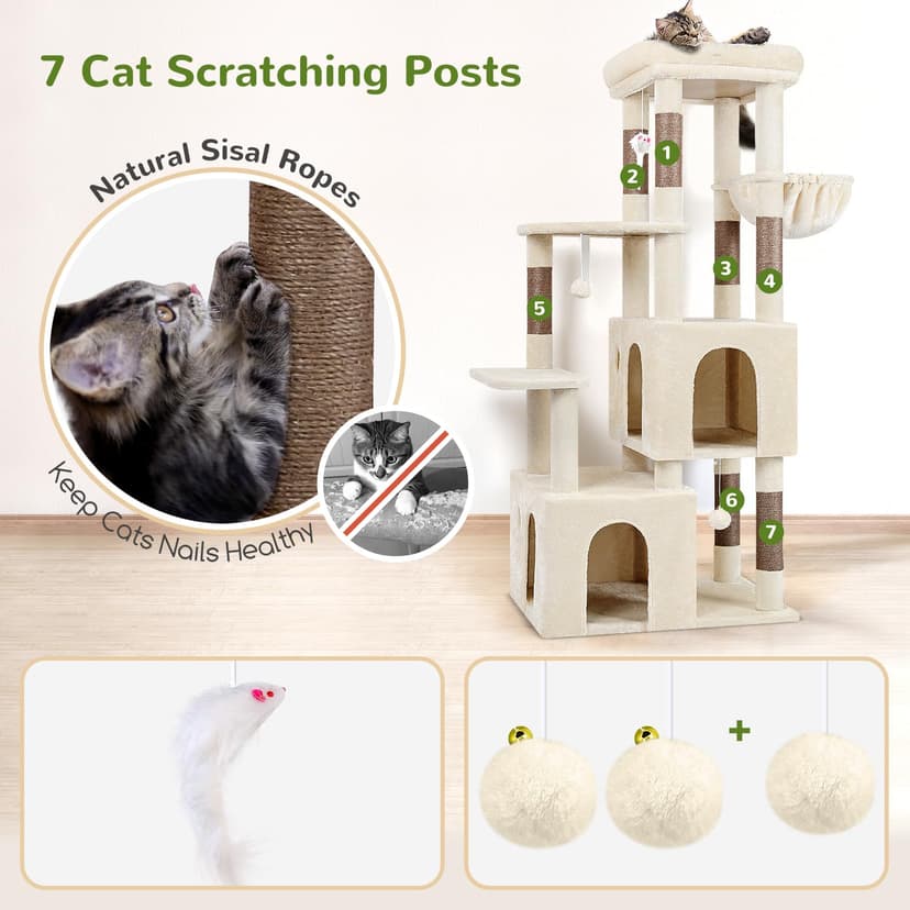 Globlazer Beige Scratching Post for Adult Cats Stable with Large Base 72 x 45 cm, 2 Cave, Padded Platform, Basket, Scratching Post 156 cm High for Cat Resting Play Indoor (F61, Beige) - 5