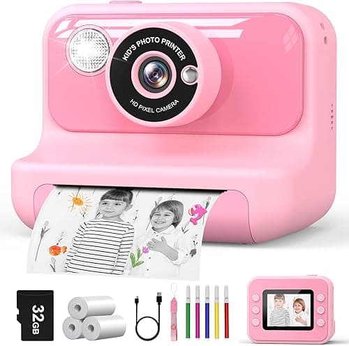 Hangrui Appareil Photo Instantané Enfant, 2.4" Écran avec Carte 32G & Papier Photo, HD 1080P Vidéo Caméra, Cadeau Noël Anniversaire pour Filles Garçons 3-10 Ans (Rose)