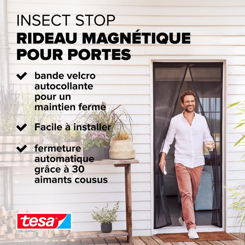 tesa Moustiquaire Aimantée Impénétrable - Filet Anti-insectes Volants et Araignées pour Portes de Balcon et de Terrasse - Montage Simple, Sans Perçage - 2,1 m x 0,9 m - 3