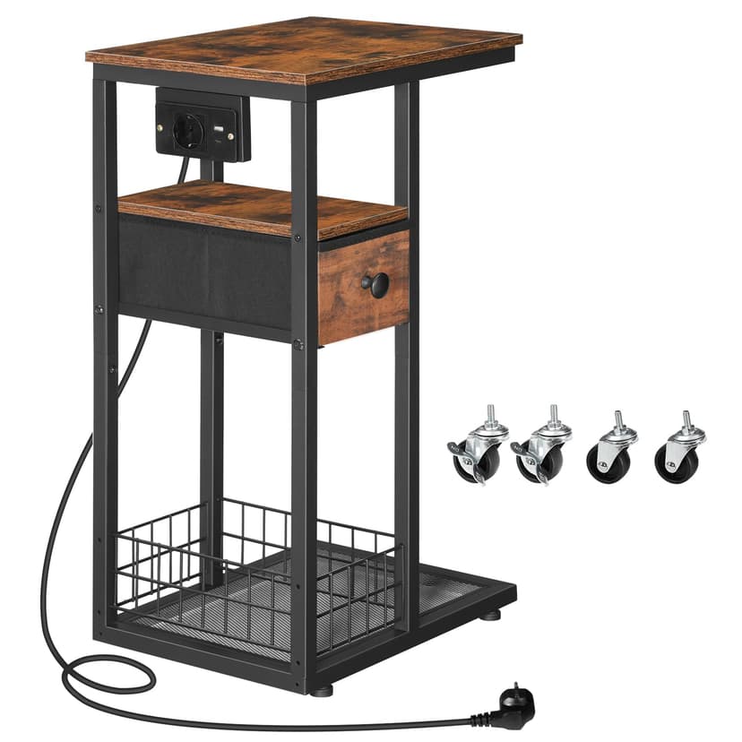 HOOBRO Table d’Appoint en C avec Multiprise (1 AC, 1 USB-A, 1 Type-C) et 1 Tiroir, Table de Chevet, avec 4 roulettes et 4 Pieds Réglables, pour Chambre, Salon, Marron Rustique et Noir EBF79CSF01 - 9
