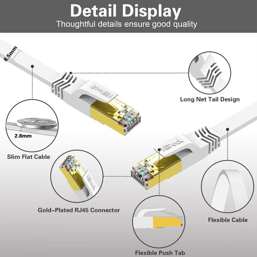 HiiPeak Cat 8 Flat Ethernet Cable 25m, Cat8 Internet Cable 40Gbps 2000Mhz High-Speed Professional LAN Patch Network Cables with RJ45 Gold-Plated Connector, Compatible with Cat5/Cat6/Cat7, White(25 m) - 3