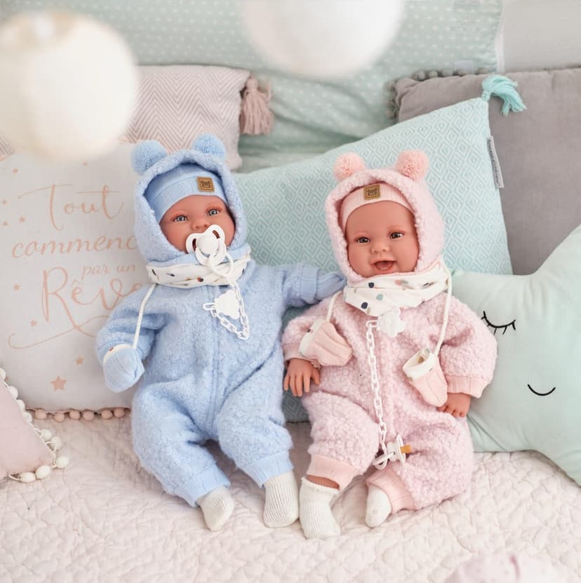 Llorens 1018480 Tala Baby Doll with Brown Eyes and Soft Body, Baby Doll with Fluffy Pink Winter Outfit, Dummy, Dummy Chain, 44 cm - 5