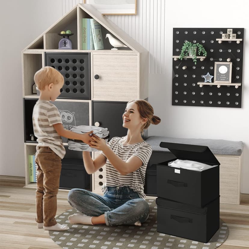 DIMJ Lot de 4 boîtes de rangement pliables avec couvercles, bacs de rangement pliables avec poignée, panier de rangement en tissu pour vêtements, jouets, livres - 7