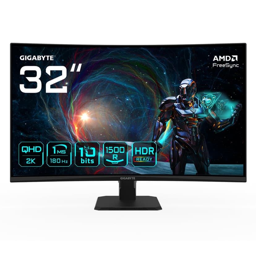 Gigabyte GS32QCA 31.5" QHD Curved Gaming Monitor - 2560 x 1440, 180Hz, 1ms, 250 cd/m², FreeSync, HDR Ready, HDMI 2.0, DisplayPort 1.4 - 1