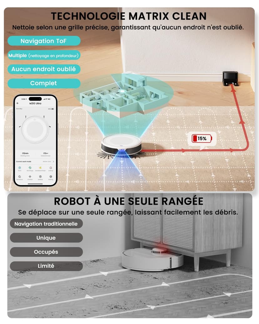 Lefant Aspirateur Robot 6000Pa, Navigation Laser dToF, Évitement Précis des Obstacles, Contrôle par App/Alexa, Anti-Enchevêtrement Idéal pour Poils d'animaux, Cheveux et Sols Durs, M310 Ultra - 3