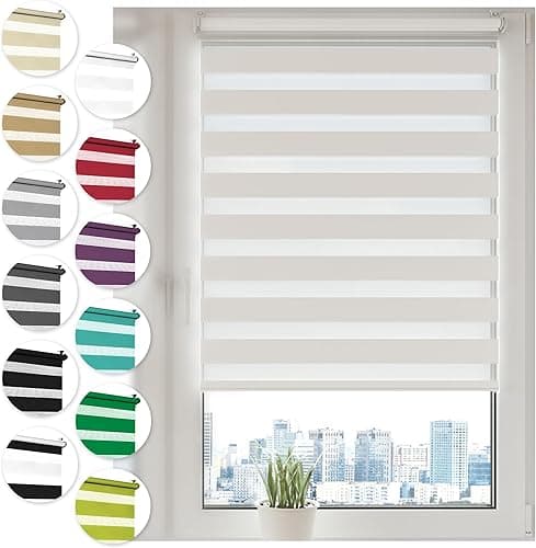 Double roller blind with clamp-fix without drilling duo roller blind for windows and doors zebra blind side pull blind, White, 80cm x 130cm
