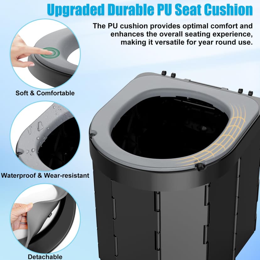 WADEO Portable Camping Toilet, Foldable Heavy Duty Travel Toilet for Adults, Sturdy 400lbs Capacity, Compact Car & Van Toilet with Lid & Bags for Camping, Hiking, Road Trips (Black + Seat Cushion) - 2