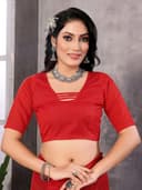 ETHNICMODE Indian Soft Satin Light Weight Party Wear Red Sari With Unstitched Red Blouse Piece-1110 - 2