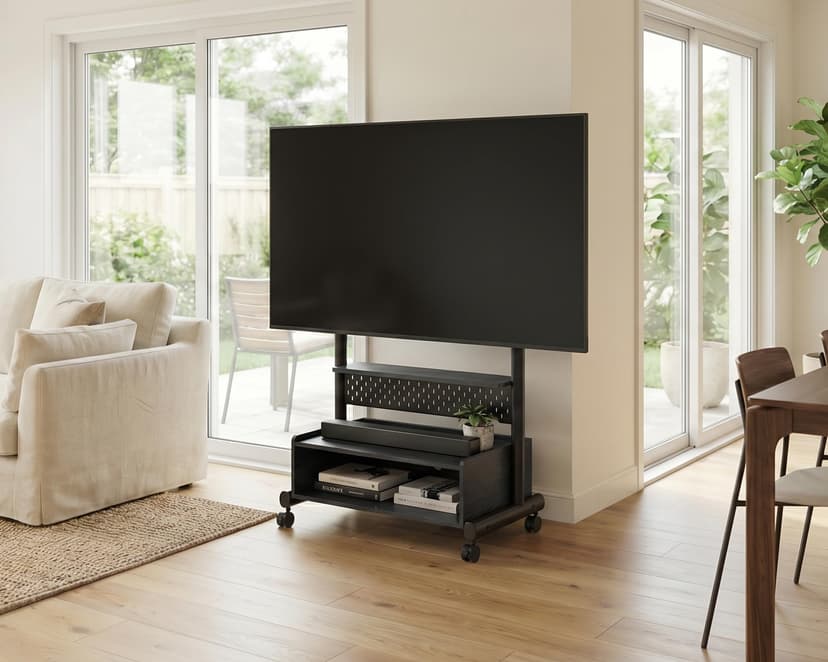 FITUEYES TV Floor Stand on Wheels for 40-85" Screens, Rolling TV Stand Cart with Peg Board, Height Adjustable, Lockable Casters & Storage Cabinet Holds 60kgs, Black, K Series - 8