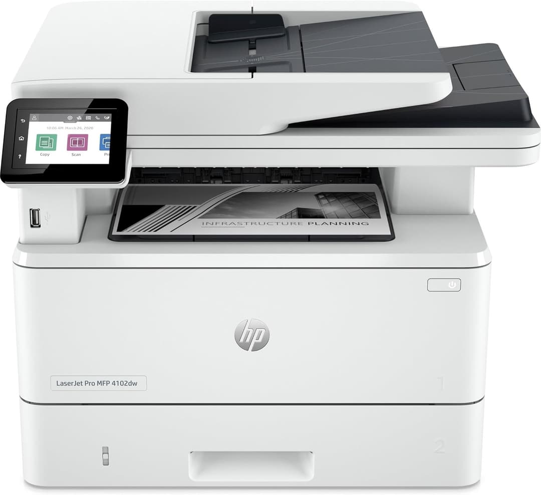HP Laserjet Pro MFP 4102dw 2Z622F, Stampante Multifunzione A4, Stampa Fronte e Retro Automatico in b/n, 42 ppm, USB Host, Wi-Fi, Ethernet, ADF, Smart, Bianca