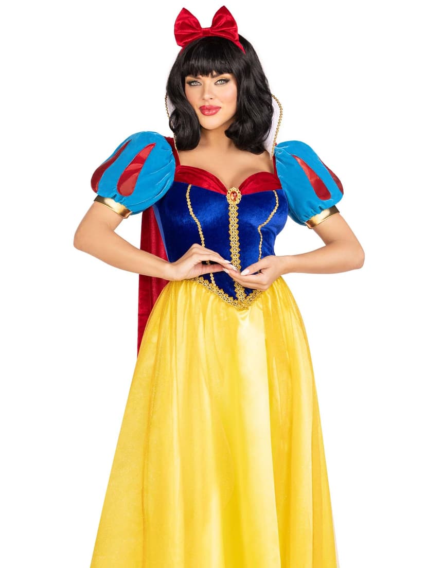 Leg Avenue 3 PC Royal Miss Snow, includes classic velvet and satin long ball gown with braided gold trim and stay up collar, detachable velvet cape, and bow headband - 3