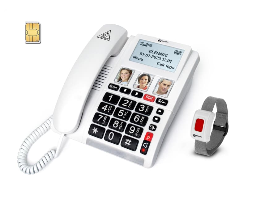 Geemarc CL9000 - Téléphone d’Appel d’Urgence pour la Maison et Son Bracelet SOS Étanche avec Gros Boutons, Volume Amplifié et Écran Rétroéclairé - Fonctionne Uniquement avec Carte SIM - 1