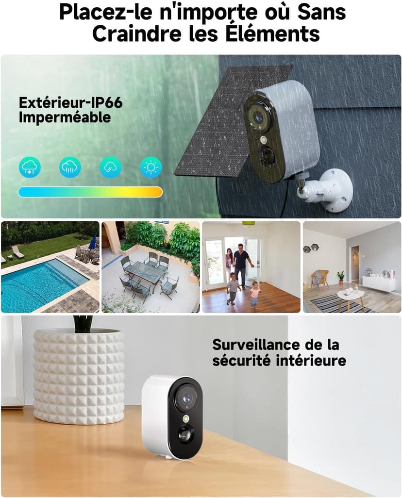 2K Outdoor Surveillance Camera Battery Solar Panel Camera Surveillance Outdoor WiFi Colour Night Vision Wireless Cameras Outdoor Indoor PIR Motion Detection IP66 2.4GHz 2 - 2