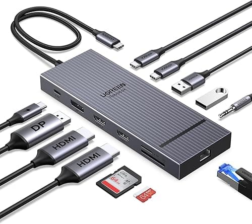 UGREEN Revodok Pro 3121 Hub USB C Double HDMI 4K60Hz et DisplayPort 4K120Hz 12 en 1 Docking Station USB C Triple Affichage avec 10Gbps Data Ports PD 100W Adaptateur Ethernet Lecteur Carte SD TF 3.5mm