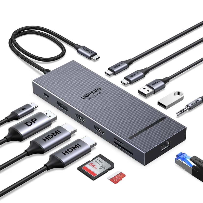 UGREEN Revodok Pro 3121 Hub USB C Double HDMI 4K60Hz et DisplayPort 4K120Hz 12 en 1 Docking Station USB C Triple Affichage avec 10Gbps Data Ports PD 100W Adaptateur Ethernet Lecteur Carte SD TF 3.5mm - 1