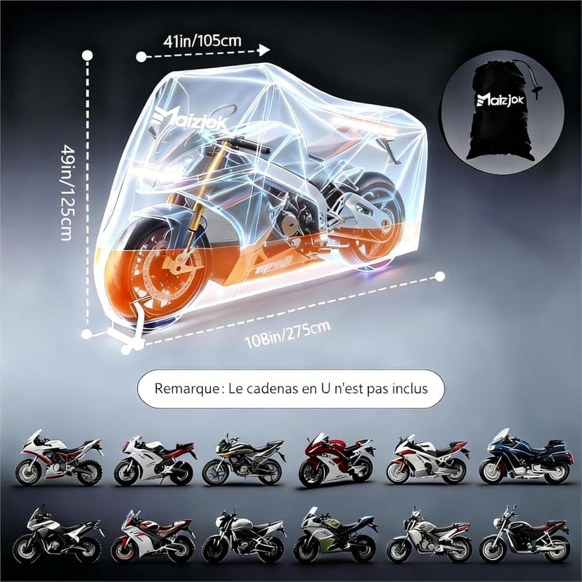 Maizjok® Motorbike Cover Waterproof Outdoor, Motorcycle Cover Heavy Duty 210D Rain UV Dust Indoor, All Weather Covering for Street/Sport/Adventure/Cruiser/Touring Motorbike (108.3 x 41.3 x 49.2 in) - 6