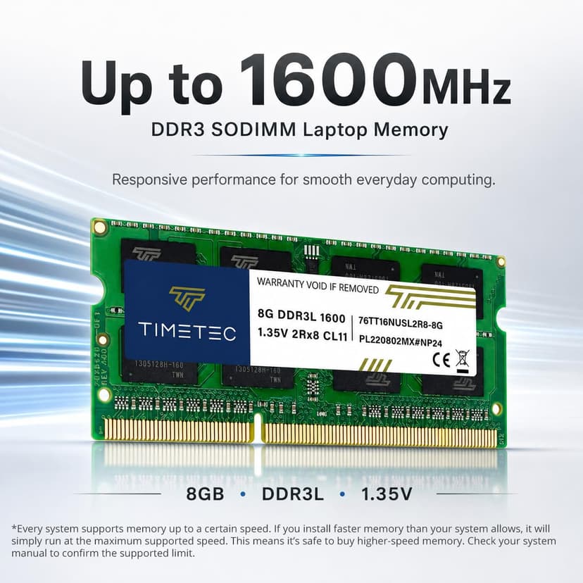 Timetec 8GB DDR3L / DDR3 1600MHz (DDR3L-1600) PC3L-12800 / PC3-12800(PC3L-12800S) Non-ECC Unbuffered 1.35V/1.5V CL11 2Rx8 Dual Rank 204 Pin SODIMM Laptop Notebook PC Computer Memory RAM Module Upgrade - 2