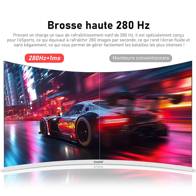 Gawfolk Écran PC 27 Pouces incurvé 280Hz Gaming Computer Moniteur, 1800R,1ms,FHD 1080p, 178 ° Grand Angle,Ultra - Mince Lunette, HDMI、DisplayPort,Compatible avec Montage Mural 100 * 100mm- Blanc - 2