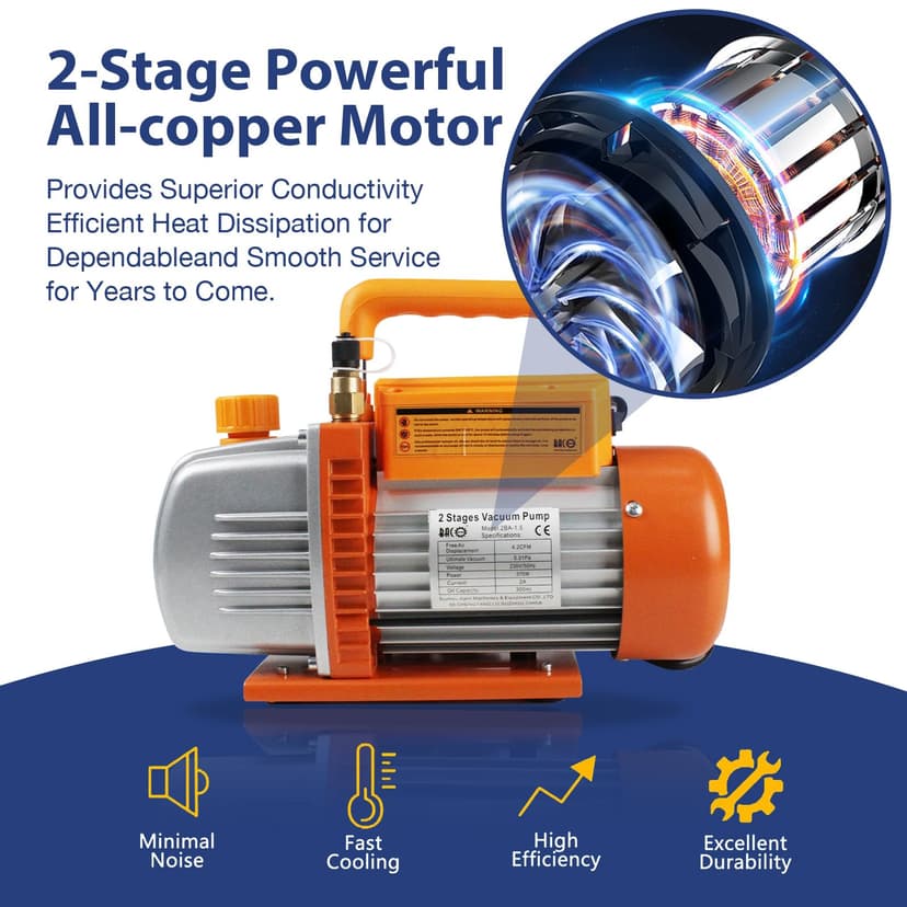 BACOENG Pompe à Vide Bipolaire 4.2CFM, 1/2 HP, 1440r/min - Pour Réparation Automobile, Maintenance CVC, Réfrigération et Dégazage de Résine - 7