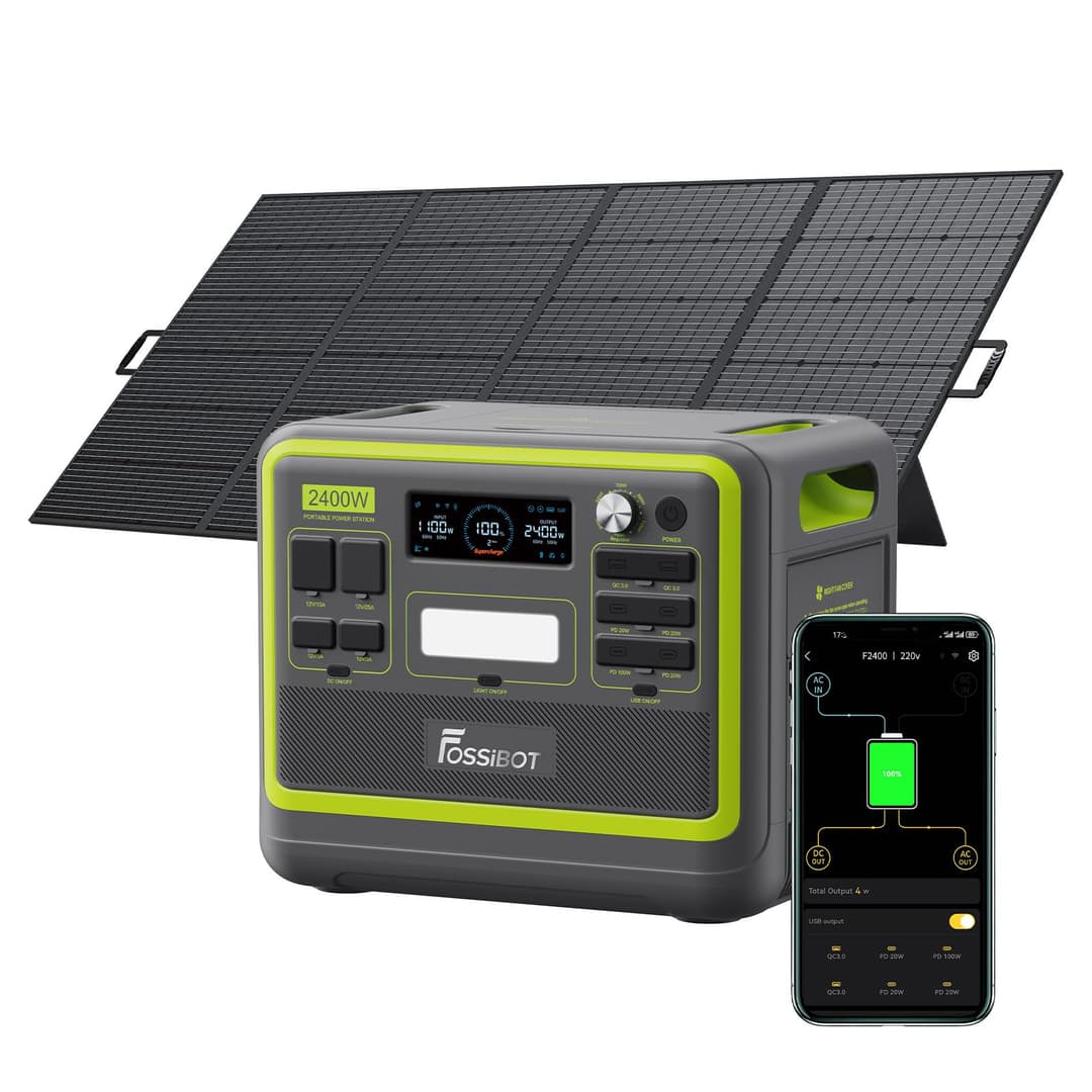 FOSSiBOT F2400 Portable Power Station With 420W solar panel, 2048Wh LiFePO4 solar-generator with 3 x 230V AC Output 2400W (4800W Peak), Applicable to RV/Camping/Home