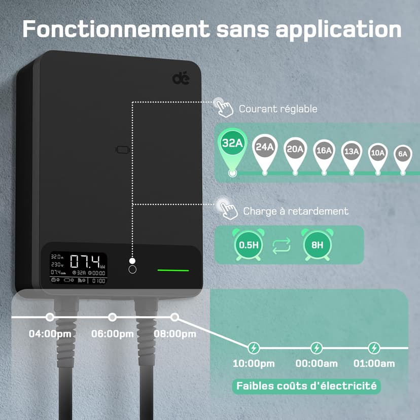 dé Wallbox 7.4 kW with Electricity Meter [1-Phase|400V|6-32A], Home Charging Station 7.5 m Charging Cable CEE 32A to Type 2 EV Charger, CE Certified with Cable Holder for EV and PHEV, Black - 4