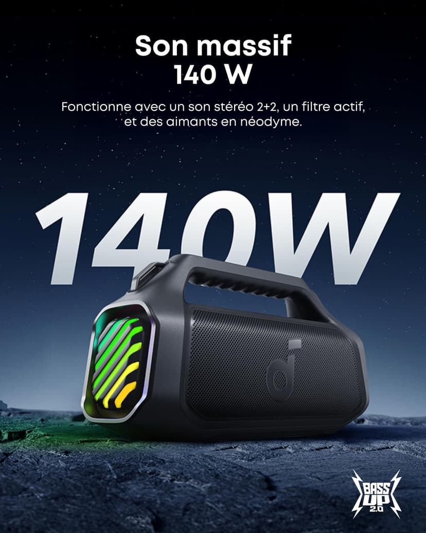 Soundcore Boom 2 Plus Enceinte Bluetooth puissante, 140W, 2+2 canaux stéréo, BassUp 2.0,Charge Rapide 30W, 20h, IPX7, lumières RGB, USB-C, pour l'extérieur, Le Camping, la Plage et Le Jardin - 3