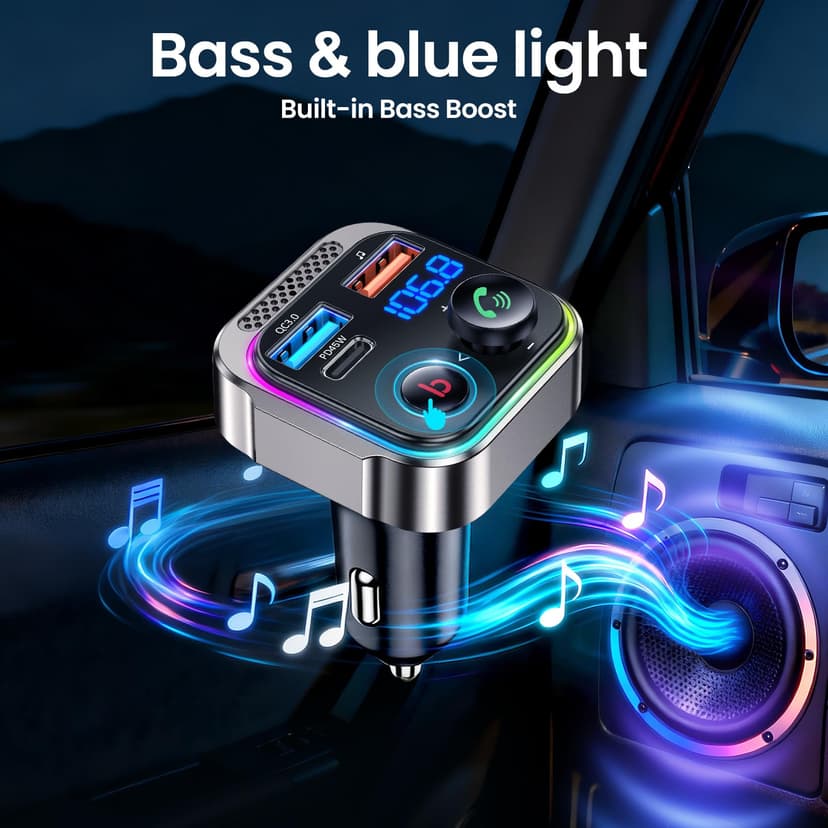 GizmoVine Bluetooth 5.4 FM Transmitter Car Adapter 63W (PD 45W & 18W) [Light Switch] [HiFi Bass Sound] [Fast Charging] Wireless Radio Music Adapter LED Display Zinc Alloy Hands-Free Calling Support - 5