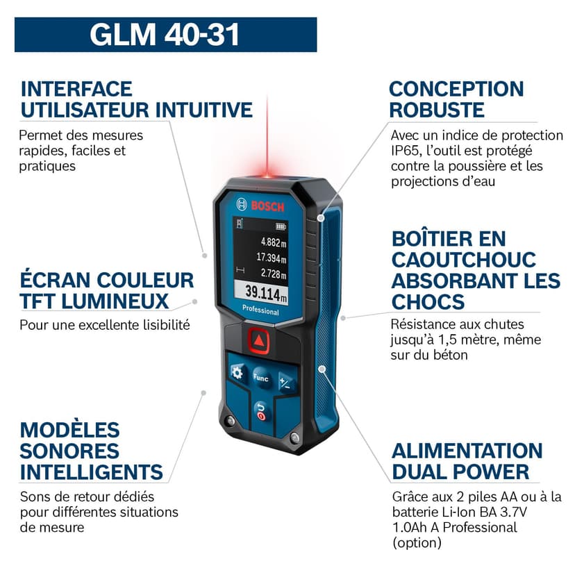 Bosch Télémètre Laser Professionnel GLM 40-31 (IP65, boîtier Absorbant Les Chocs, calculs automatiques de Longueur/Surface/Volume, écran Couleur Claire, Compatible avec la Batterie Li-ION) - 3