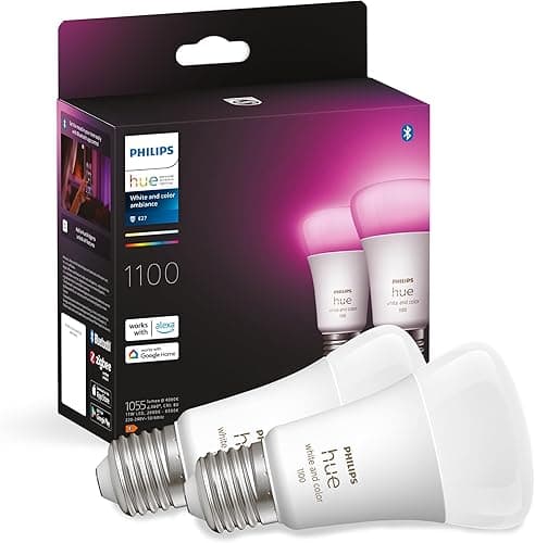Philips Hue White and Colour Ambiance Smart Light Bulb 2 Pack 75W - 1100 Lumen [E27 Edison Screw] with Bluetooth. Works with Alexa, Google Assistant and Apple Homekit