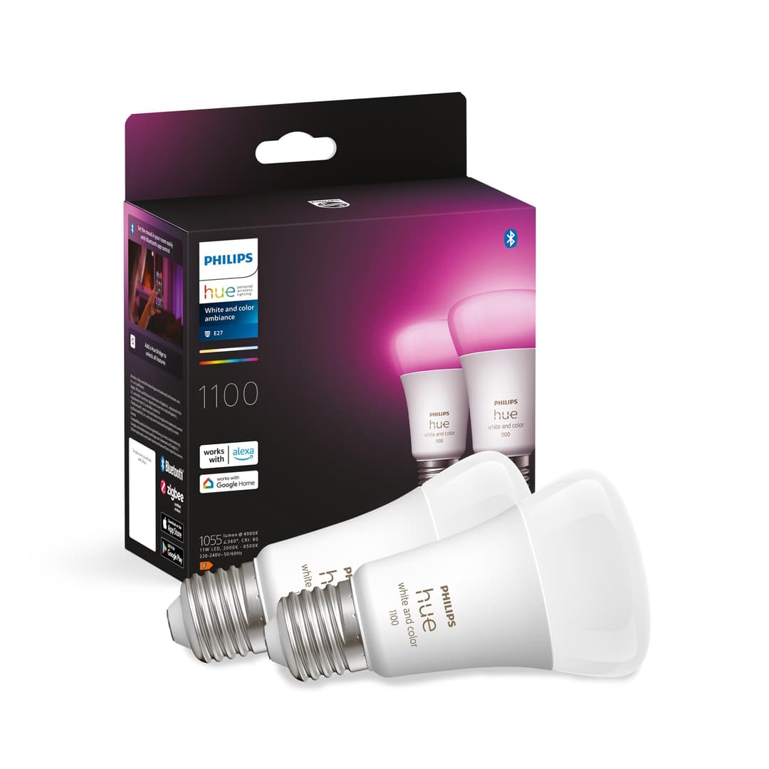 Philips Hue White and Colour Ambiance Smart Light Bulb 2 Pack 75W - 1100 Lumen [E27 Edison Screw] with Bluetooth. Works with Alexa, Google Assistant and Apple Homekit