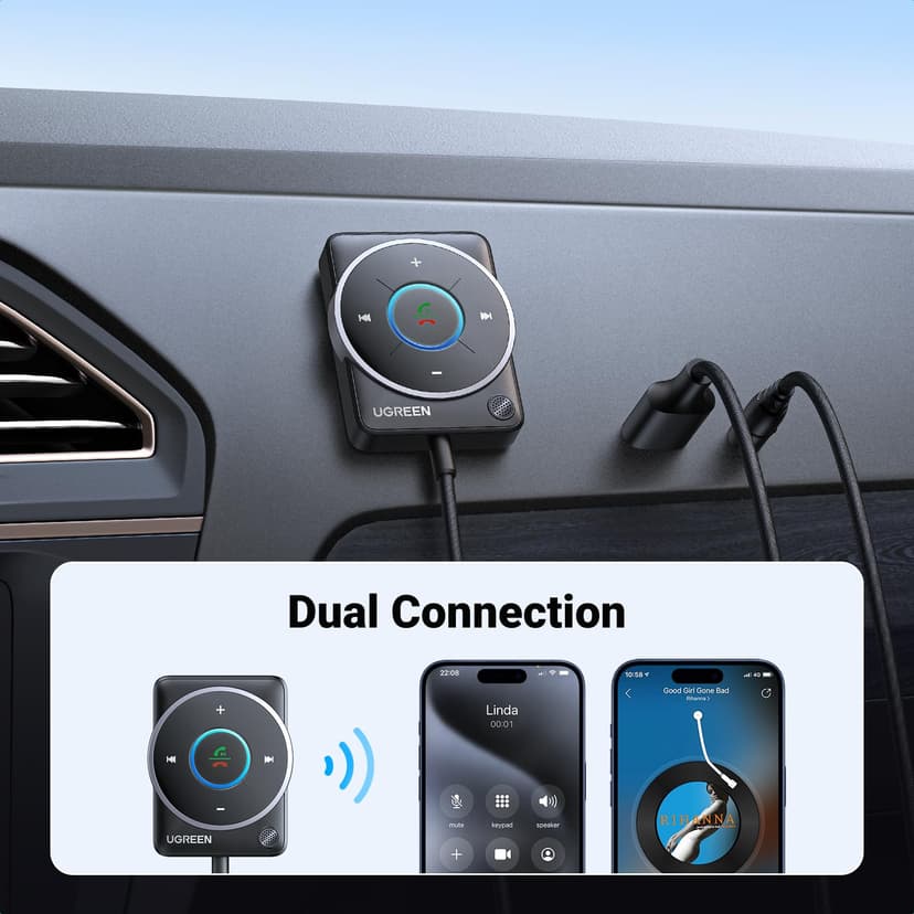 UGREEN Aux Bluetooth 5.4 Adapter for Car, Bluetooth Receiver with Dual Connection, Noise Cancellation, Build-in Mic, 3.5mm Car Bluetooth Aux Adapter for Hands-Free Calls and Music Streaming - 3