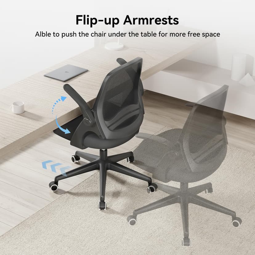 Hbada Office Chair Desk Chair Flip-up Armrest Ergonomic Task Chair Compact 120° Locking 360° Rotation Seat Surface Lift Reinforced Nylon Resin Base, White - 2
