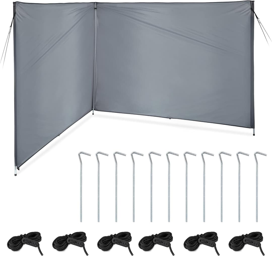 Relaxdays Privacy and Wind Screen, Protection, Camping & Beach, HxW: 1.5x4m, Steel Poles, Pegs & Ropes, Polyester, Grey