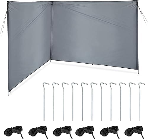 Relaxdays Privacy and Wind Screen, Protection, Camping & Beach, HxW: 1.5x4m, Steel Poles, Pegs & Ropes, Polyester, Grey