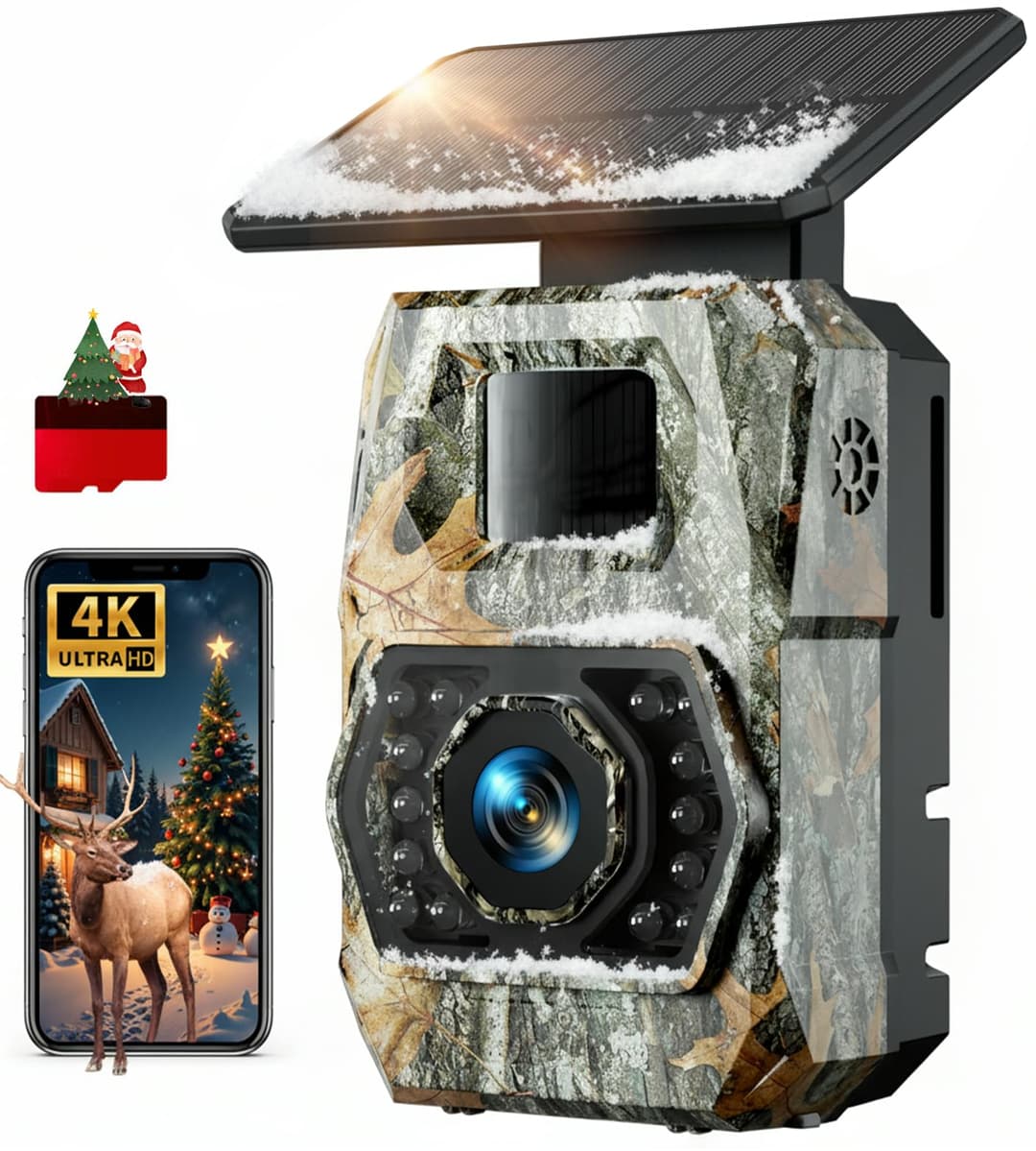 Wildlife Camera with Mobile Phone Transmission App, 4K 60MP HD Solar WLAN Wildlife Camera, 5200 mAh Battery, Wildlife Camera with Motion Sensor Night Vision, 850 nm LED, 0.1s Trigger Time with 32GB
