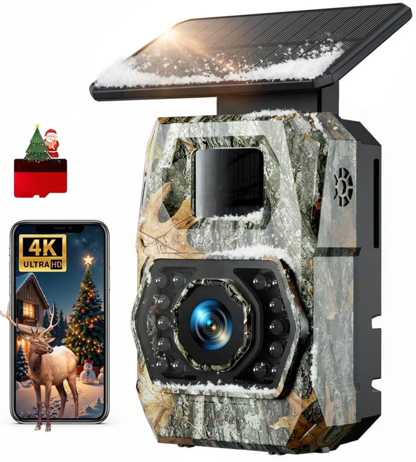 Caméra de Chasse Solaire, 60MP 4K WiFi Camera Chasse avec 5200mAh Batterie Rechargeable, 850nm LED Camera Infrarouge Vision Nocturne Animaux Caméra, Grand Angle 100°, Etanche IP66 avec Carte 32GB - 1